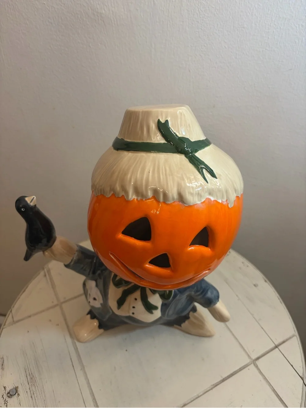 Vintage ceramic scarecrow pumpkin man lights up